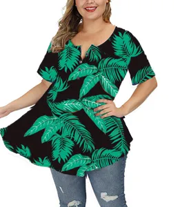 Plus size V-neck short sleeve button blouse with green leaf print, casual summer daily wear.
