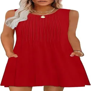 Elegant Women Casual Round Neck Pleated Sleeveless Mini Dress With Pockets Red Color