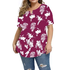 Plus size V-neck short sleeve button tropical floral print casual t-shirt blouse for women.