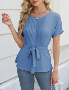 Casual pleated short sleeve top detail, self-tie waist design, elegant women's summer wear.
