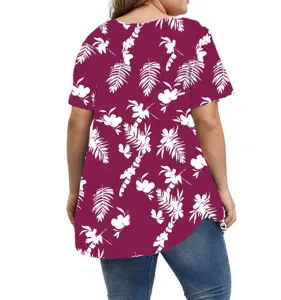 Plus size floral print short sleeve casual top back view detail showing loose fit design.