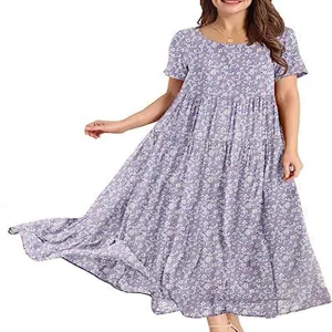 Details of purple floral short sleeve tiered maxi dress for women summer beach casual wear.