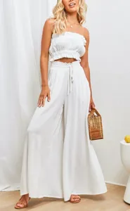 Casual white two-piece set featuring a strapless tube top and loose wide leg long pants.
