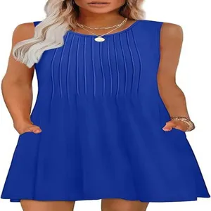 Blue sleeveless pleated mini dress with pockets casual round neck summer tunic for women