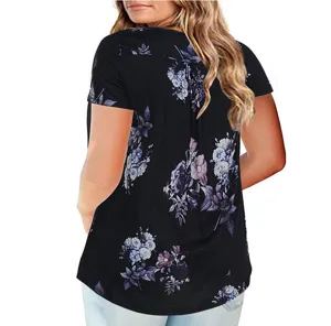 Back detail view of women plus size black short sleeve floral print casual blouse top.