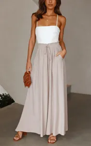 Detail view of women's casual high-waist drawstring wide leg pants, loose fit design.