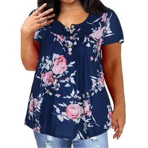 Close-up detail of the floral print short sleeve henley blouse with button front design.