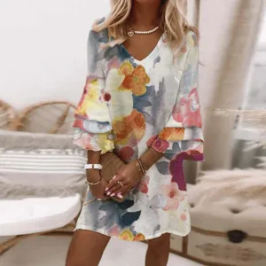 Women Floral Printed V-Neck 3/4 Sleeve Mini Dress Casual Bohemian Flowy Shift Dresses