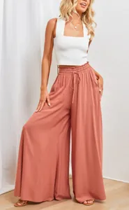 Casual wide-leg pants detail shot, high waist drawstring design, soft drape comfortable fabric.