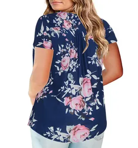 Plus size short sleeve floral V-neck T-shirt back view detail for women casual wear.