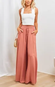 Close-up view of the casual wide-leg pants featuring a high waist and convenient drawstring.