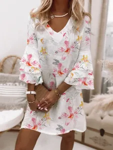 Women's floral V-neck 3/4 sleeve mini dress casual summer beach wear elegant party outfit
