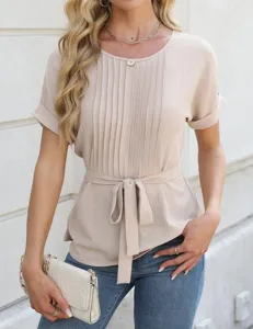 Women casual crew neck pleated short sleeve top with waist belt, chic summer basic shirt.