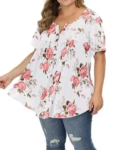 Plus size floral print short sleeve V-neck button tunic top for women casual summer wear.