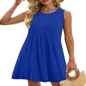 Close-up detail of the sleeveless pleated mini dress showcasing fine pleats and royal blue tone.