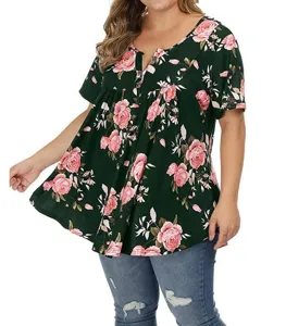Plus size floral V-neck short sleeve button tunic top for women casual summer shirt