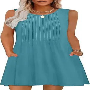 Teal blue sleeveless pleated mini dress with convenient pockets for women casual summer wear.
