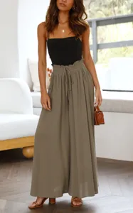 Stylish high-waist casual wide leg pants with loose fit, drawstring and elegant ruffled waist.
