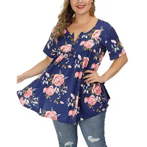 Women Casual V-Neck Short Sleeve Button Print Blouse Loose Plus Size Summer T-Shirt Top Elegant Daily Wear