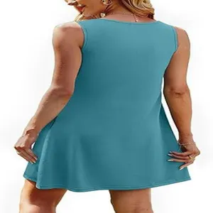 Back view detail of casual solid teal sleeveless tank dress showing A-line silhouette.