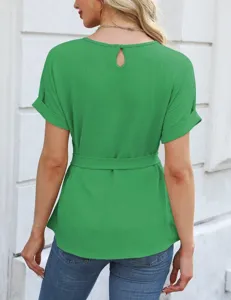 Women casual short sleeve green blouse with keyhole back design and waist belt for summer.