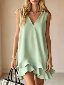 Women's Casual V-Neck Sleeveless A-Line Mini Dress Solid Color Ruffle Tiered Summer Beach Party Swing Short Dresses