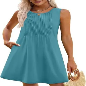 Casual solid color sleeveless pleated crewneck mini dress with side pockets for women summer