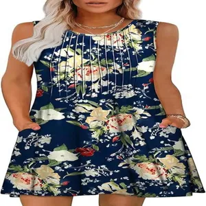Close-up detail of sleeveless floral pleated summer dress with practical side pockets.
