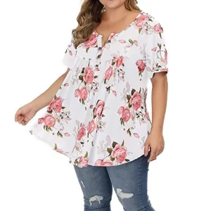 Plus size floral V-neck short sleeve button casual top for women summer fashion style