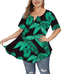 Plus size women casual V-neck short sleeve leaf print blouse button top chic shirt