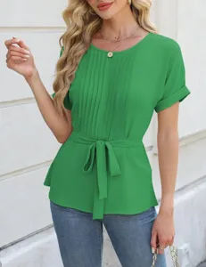 Green pleated short sleeve top with waist tie, comfortable casual wear for women summer.
