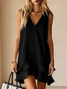 Elegant black V-neck sleeveless ruffle dress for women, trendy loose fit casual summer wear.