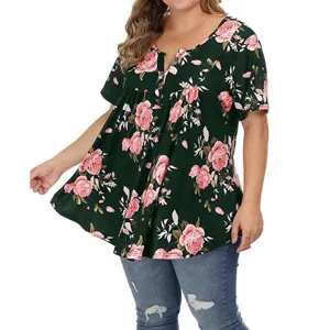 Plus size floral blouse for women casual V neck short sleeve button down summer green top