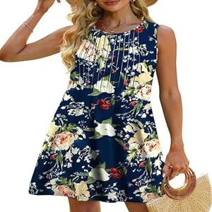 Women floral print sleeveless round neck casual summer dress with stylish pleated design.