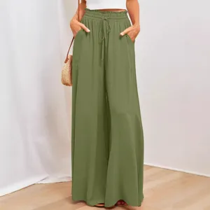 Women High Waist Wide Leg Pants Loose Casual Straight Trousers with Pockets Solid Color Polyester Comfy Fashion Bottoms