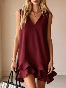 Women V-Neck Sleeveless Ruffle Hem Casual Mini Dress Burgundy Summer Main Showcase
