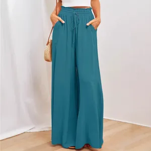 Women high waist casual wide leg pants loose comfortable trousers with pockets teal blue