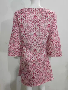 Women's pink printed mini dress with 3/4 tiered sleeves, casual stylish summer wear.