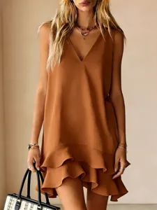 Women's elegant V-neck sleeveless loose fit tiered ruffle mini dress in caramel brown