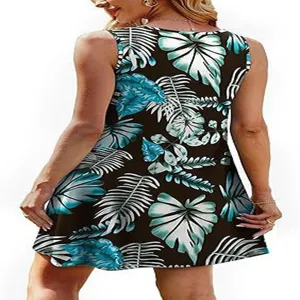 Back view detail of women summer sleeveless tropical leaf print mini dress casual wear.