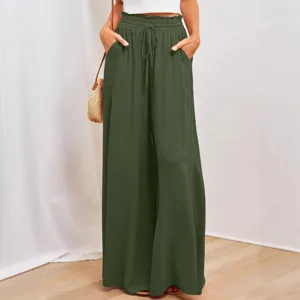 Women casual high waist wide leg pants loose solid color trousers with pockets green main view