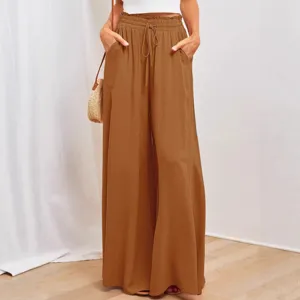 Casual high waist wide-leg pants for women, trendy elastic drawstring loose trousers.