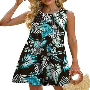 Sleeveless round neck tropical leaf print dress featuring a stylish black and blue design.