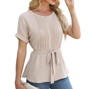 Women casual pleated short sleeve blouse round neck summer top with belt fashion apparel