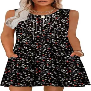 Detail shot of sleeveless floral mini dress with pleats and pockets for summer wear.