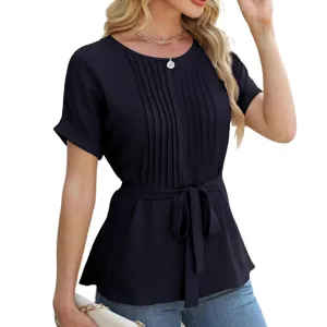 Women short sleeve pleated blouse casual navy blue top with waist tie belt for summer fashion