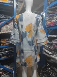 Floral V-neck 3/4 sleeve mini dress for women, casual summer dress with abstract print.