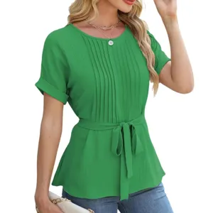 Women's Short Sleeve Pleated Round Neck Blouse with Waist Belt Casual Summer Green Top