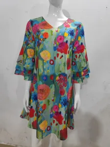 Floral print V-neck dress, 3/4 layered sleeves, artistic colorful oil painting style detail.