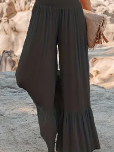 Women High Waist Pleated Wide Leg Pants Casual Ruffle Hem Loose Flowy Long Trousers Elastic Waist Polyester Trousers For Summer